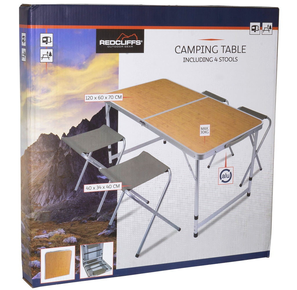 Mesa de camping con 4 sillas plegables marrón, VE-2