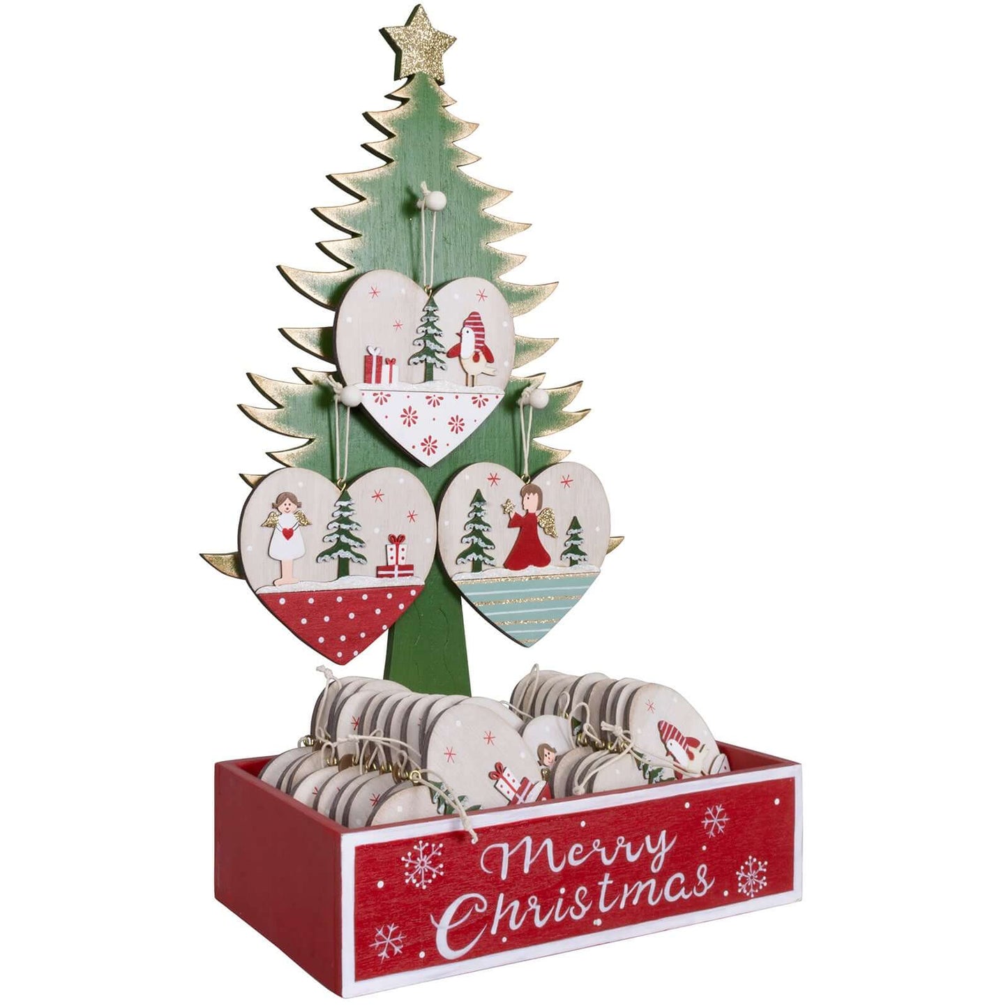 Baumschmuck 11cm 24tlg im Display Holz, 3 Designs