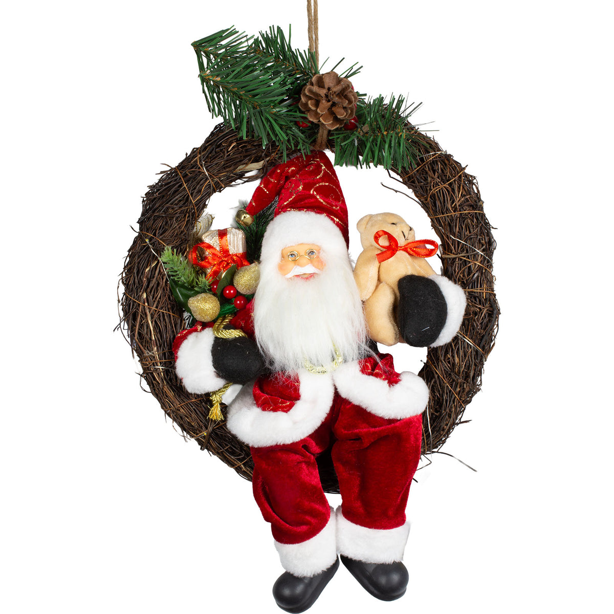 Babbo Natale 30cm nella corona con LED, VE-6