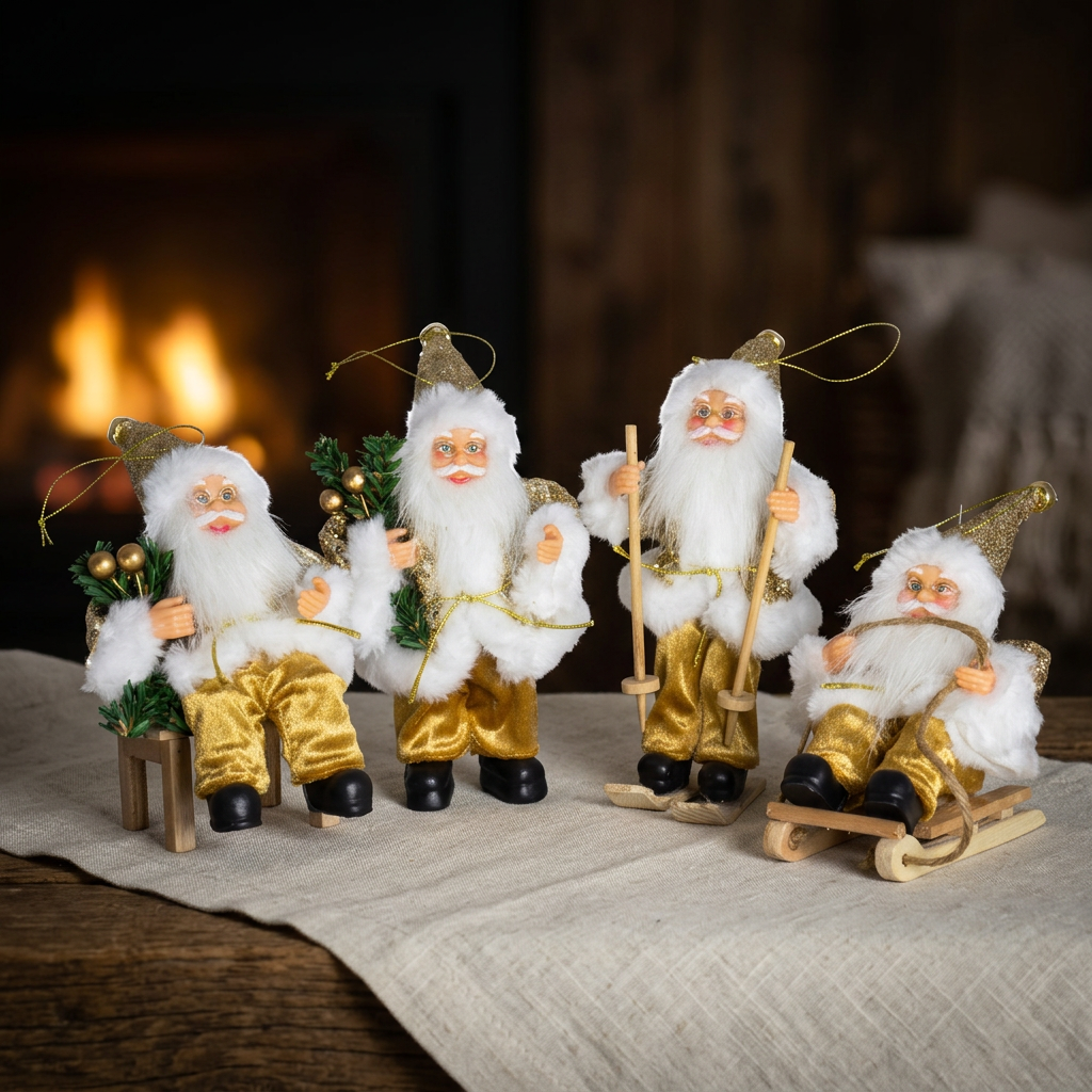 Décoration de sapin Santa 18cm couleur or, 4 modèles (traîneau, ski, chaise, debout), VE-48(12)
