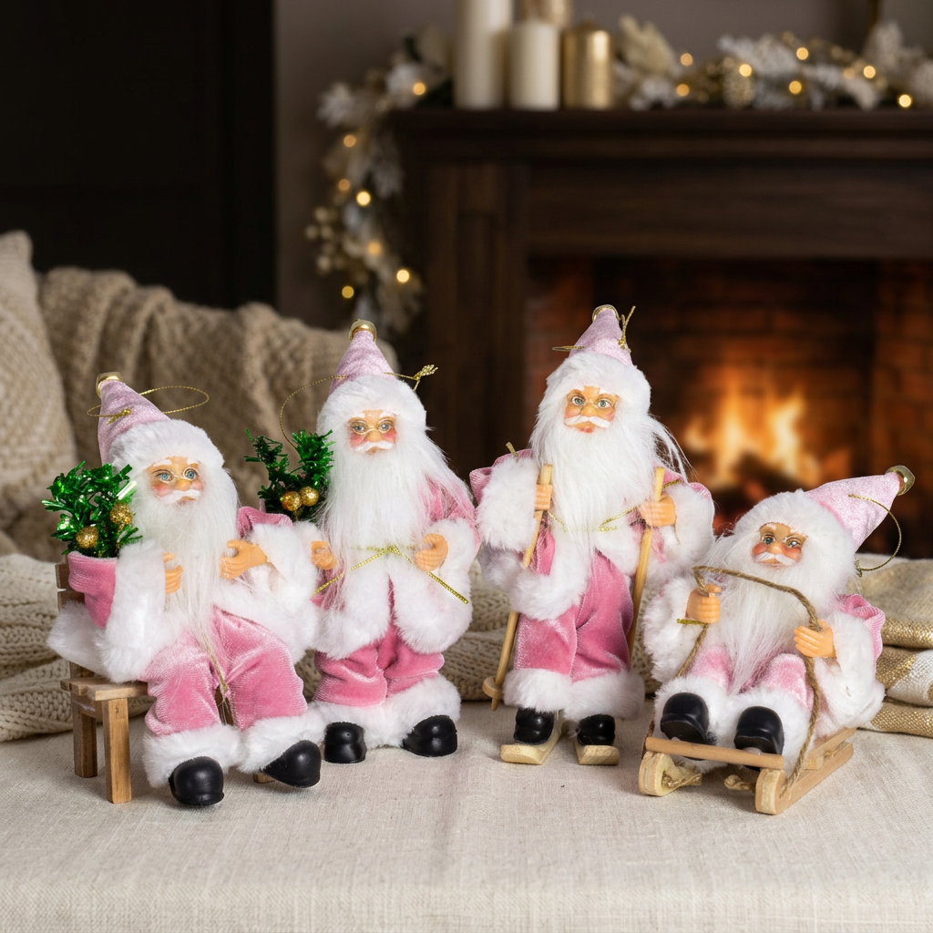 Décoration de sapin Santa 18cm couleur rose, 4 modèles (traîneau, ski, chaise, debout), VE-48(12)