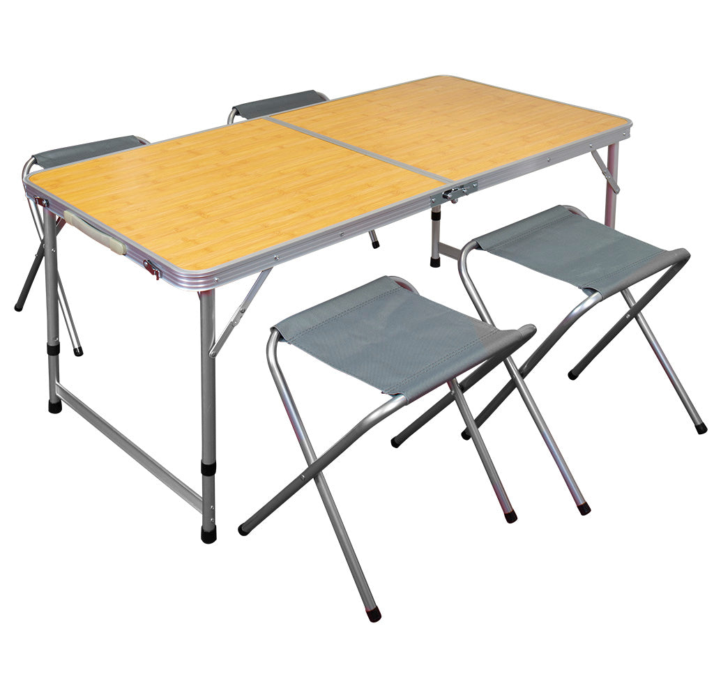 Mesa de camping con 4 sillas plegables marrón, VE-2