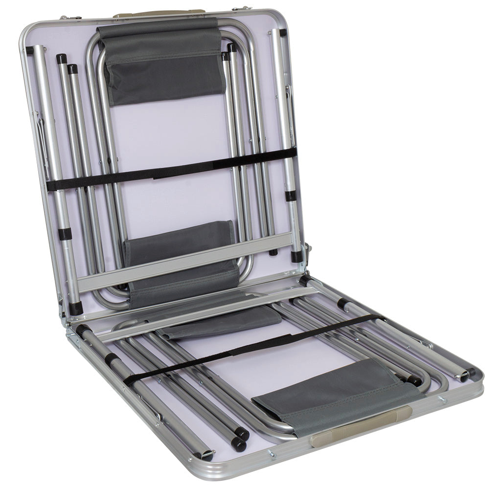 Mesa de camping con 4 sillas plegables marrón, VE-2