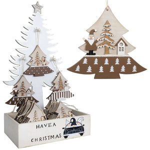 Baumschmuck 11cm 24tlg im Display Holz, 3 Designs