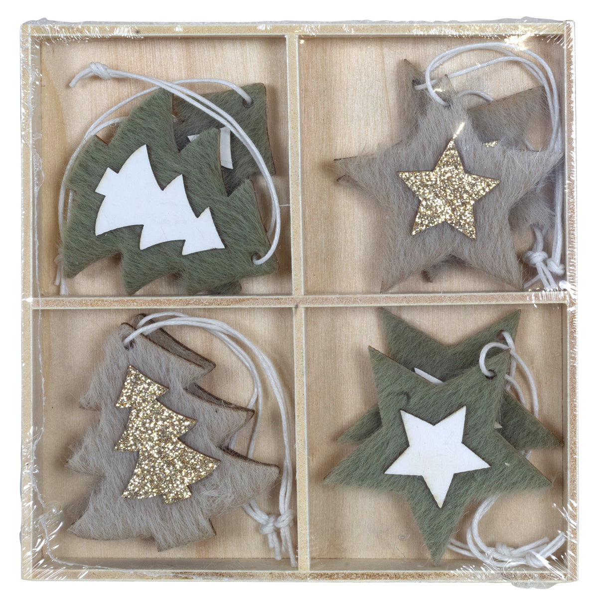 Baumschmuck 8 Stk in Holzbox, 4 Des., VE-960(24)