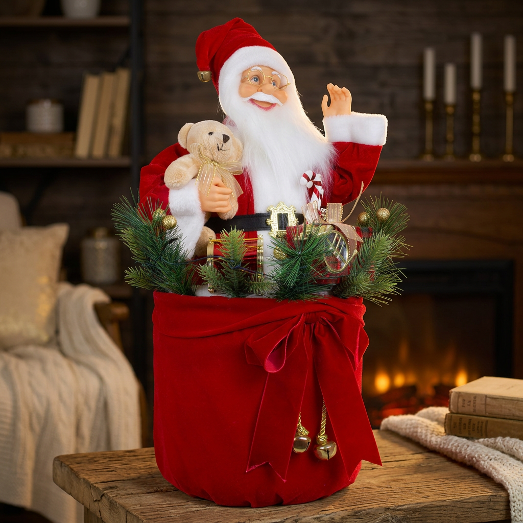 Santa 60cm im Sack mit Musik und LED, VE-1