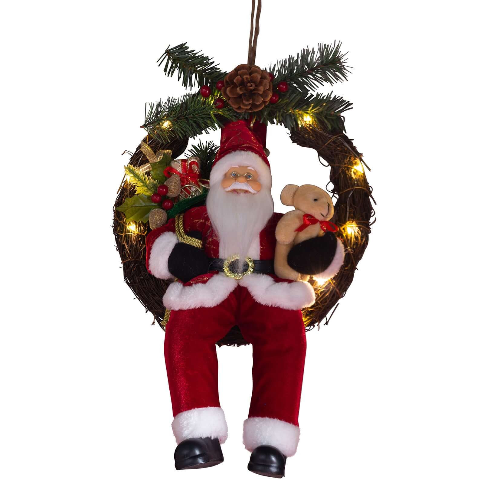 Santa 30cm im Kranz mit LED, VE-6