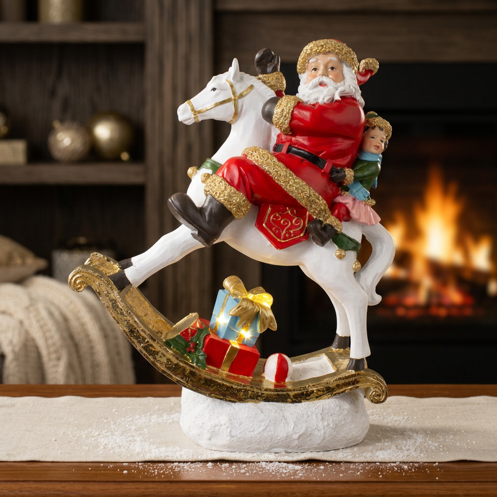 Décoration de table Père Noël sur cheval à bascule 32cm avec lumière LED blanc chaud, Polyresine, VE-8(1)