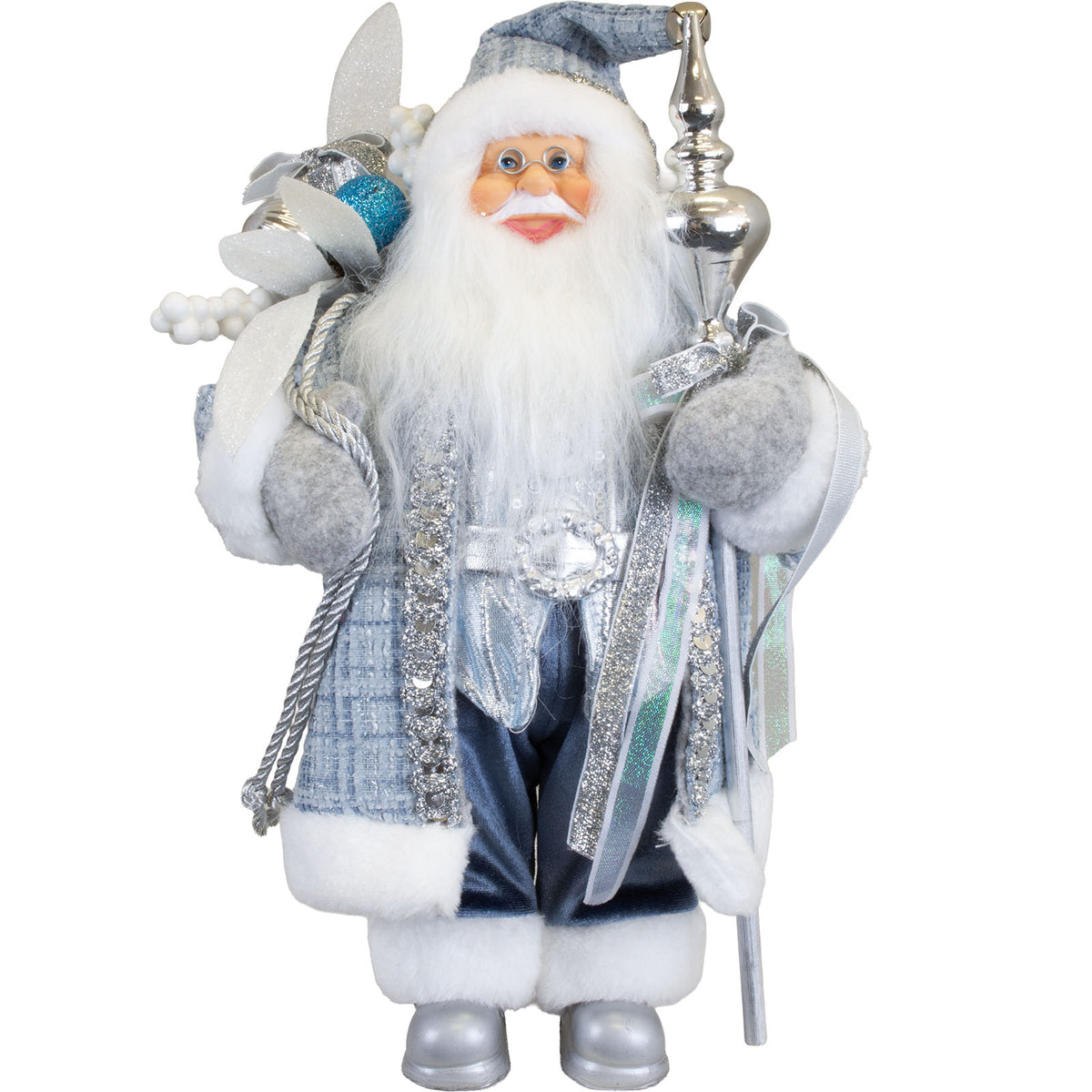 Babbo Natale 30cm cappotto lungo blu-bianco-argento, conf. 6 pz