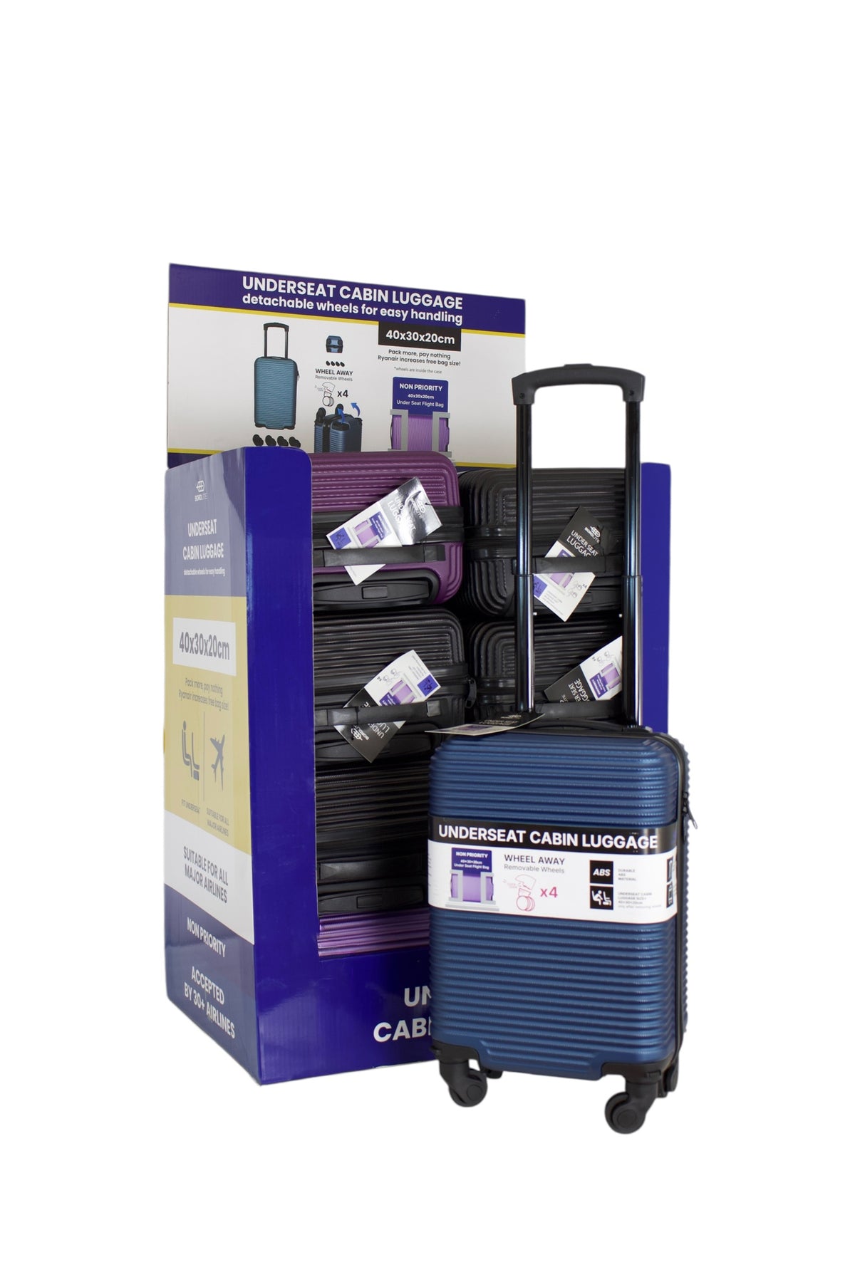 Underseat-Kabinentrolley 40x30x20cm, im Display, 4 Farben sortiert