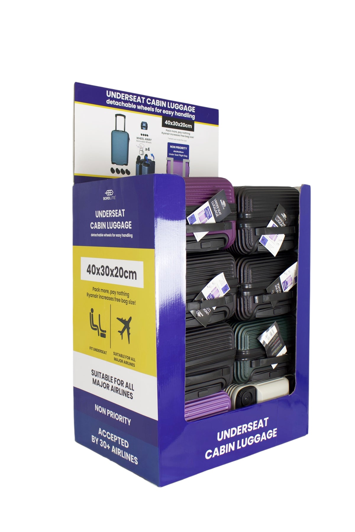 Underseat-Kabinentrolley 40x30x20cm, im Display, 4 Farben sortiert