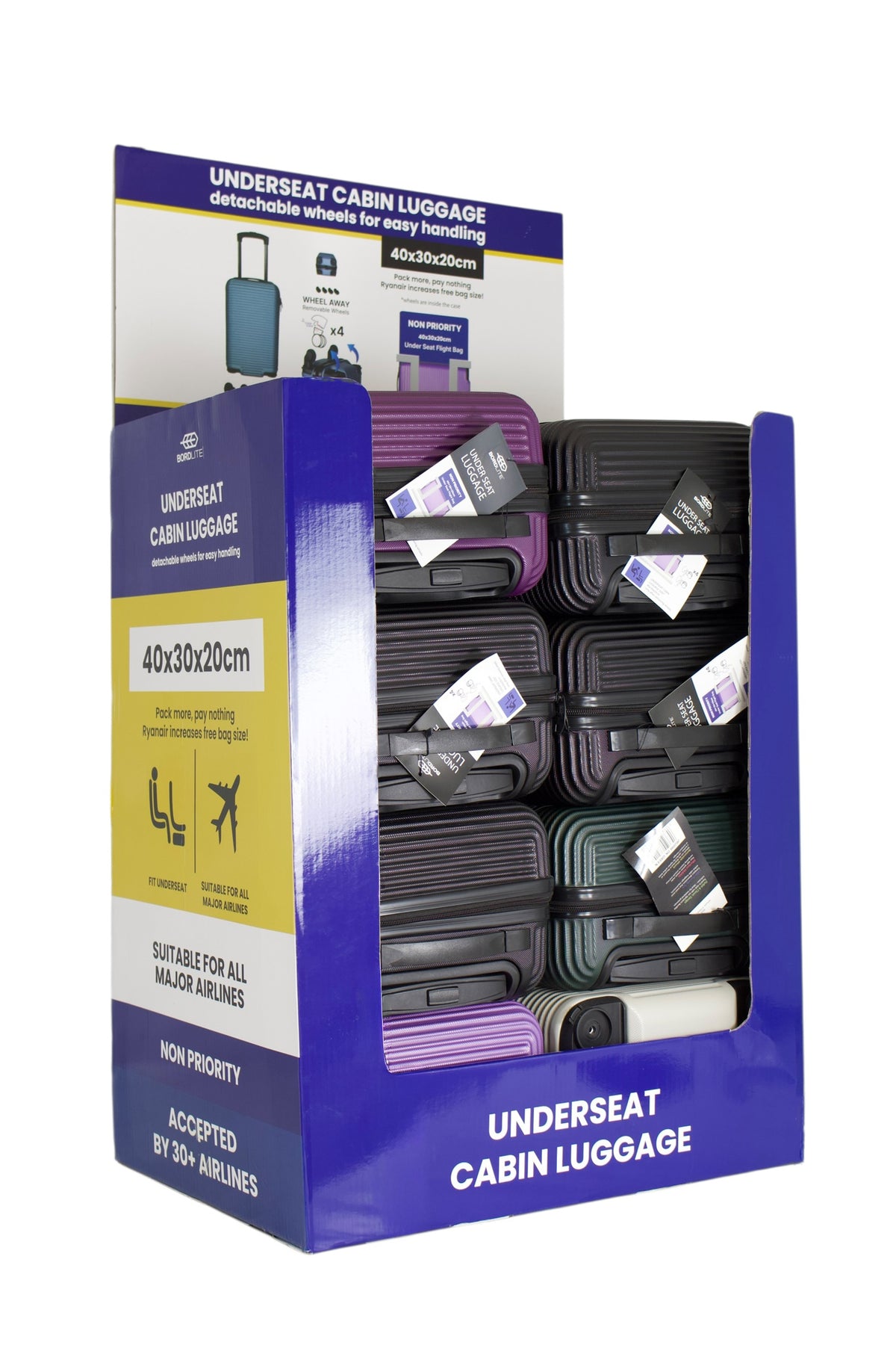 Underseat-Kabinentrolley 40x30x20cm, im Display, 4 Farben sortiert