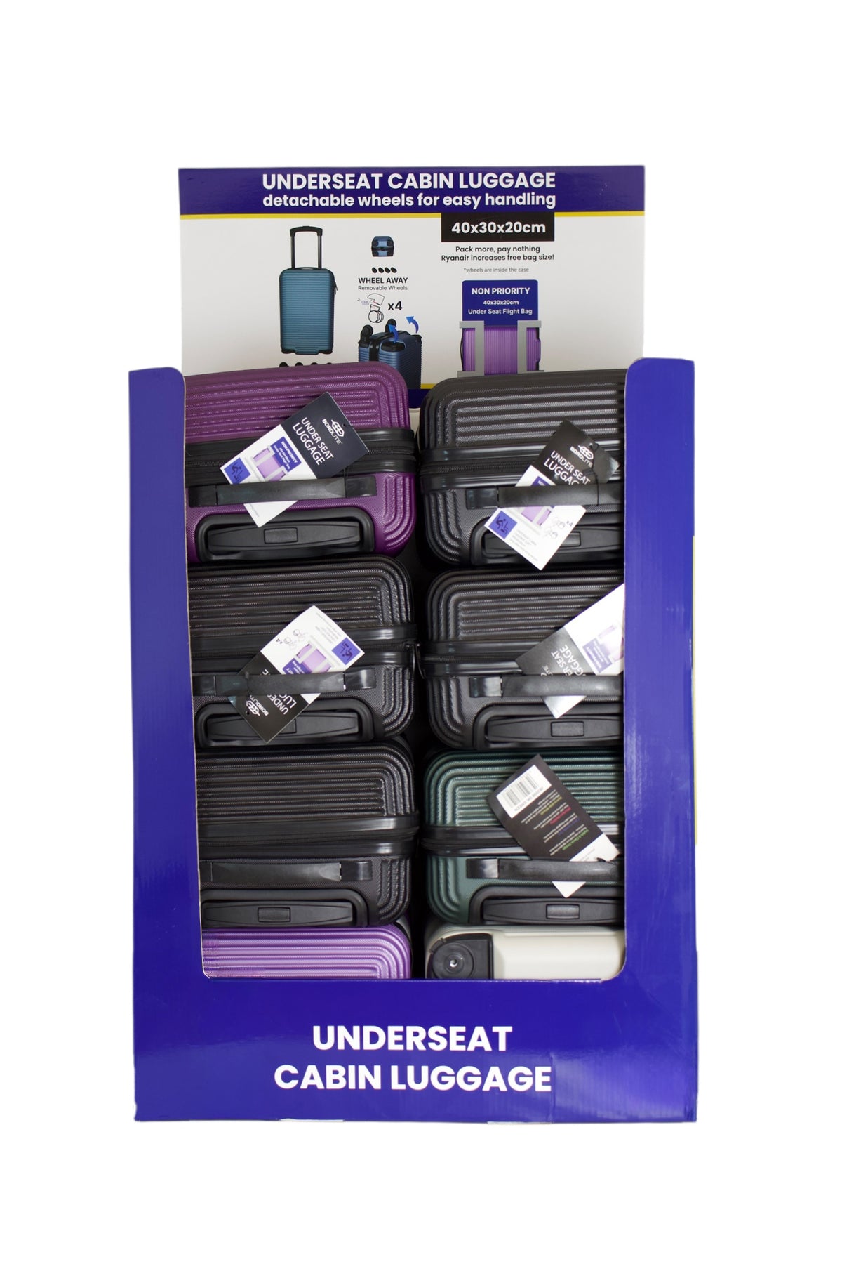 Underseat-Kabinentrolley 40x30x20cm, im Display, 4 Farben sortiert