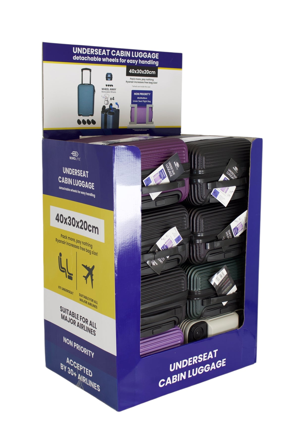 Underseat-Kabinentrolley 40x30x20cm, im Display, 4 Farben sortiert