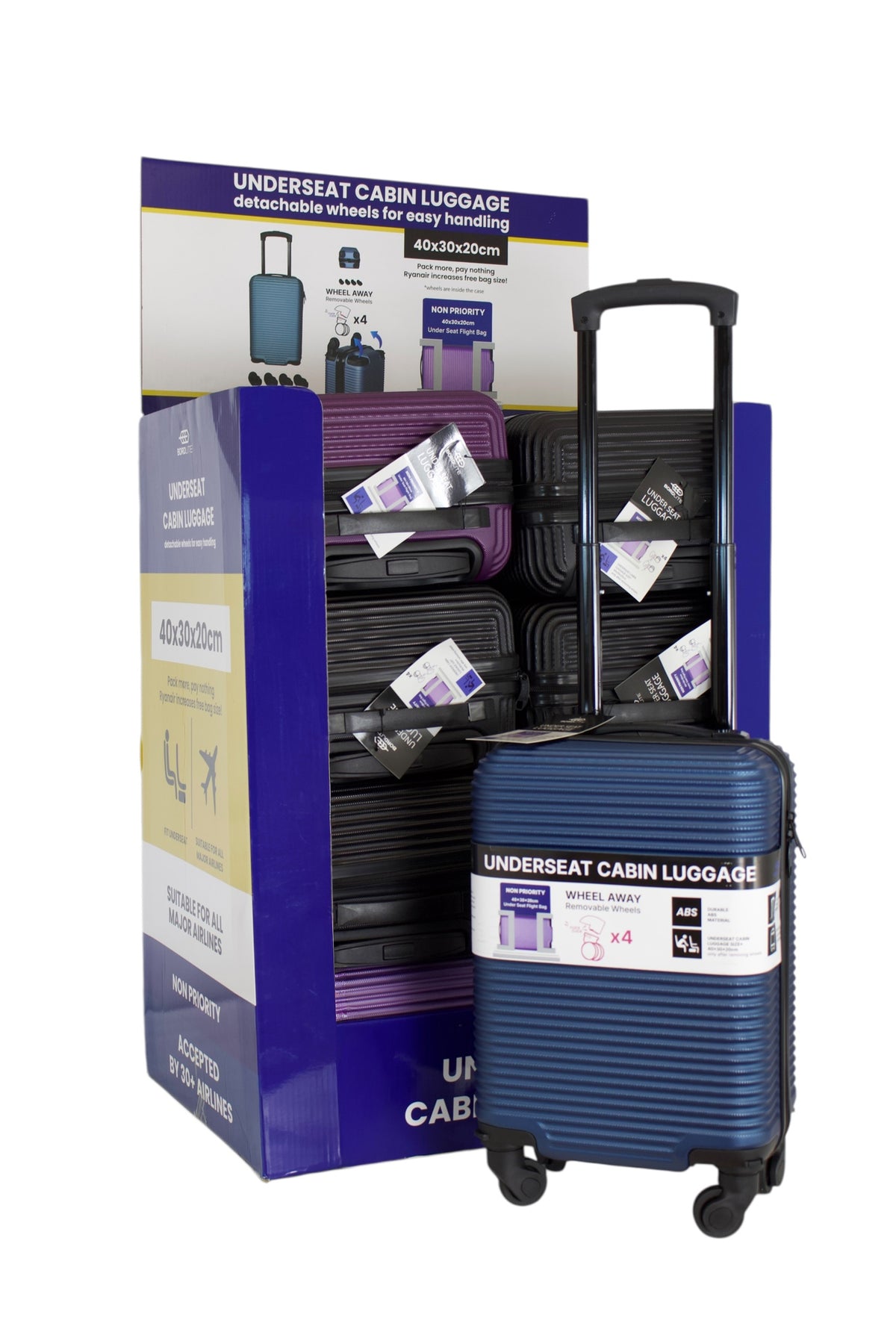 Underseat-Kabinentrolley 40x30x20cm, im Display, 4 Farben sortiert