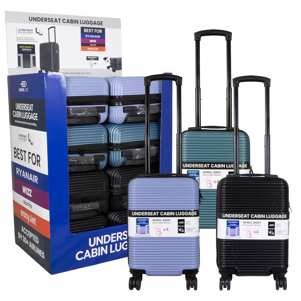 Valise cabine Underseat 40x30x20 cm, en présentoir, 4 couleurs assorties