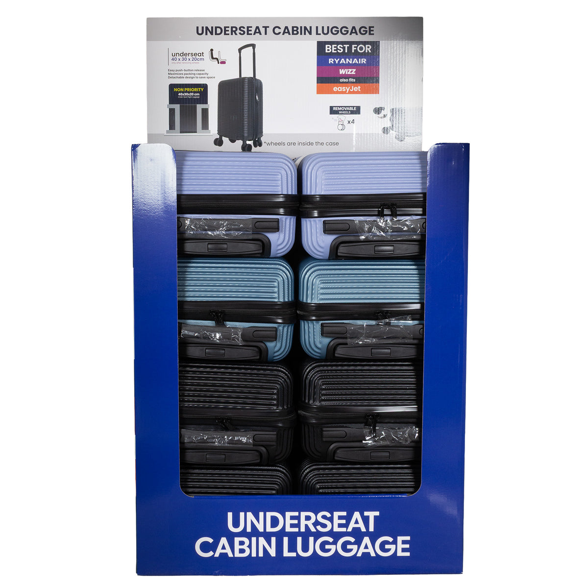 Valise cabine Underseat 40x30x20 cm, en présentoir, 4 couleurs assorties