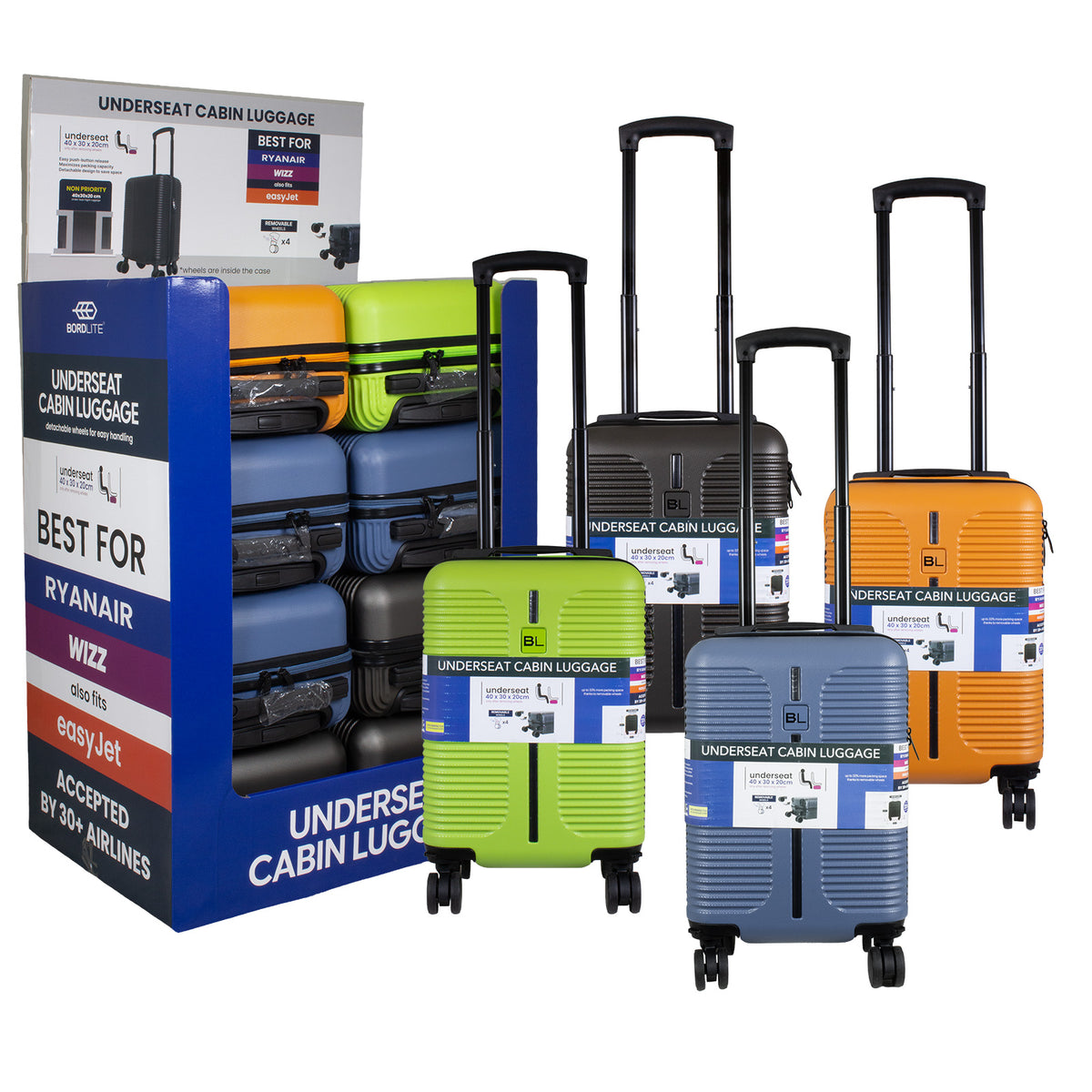 Valise cabine Underseat 40x30x20 cm, en présentoir, 4 couleurs assorties