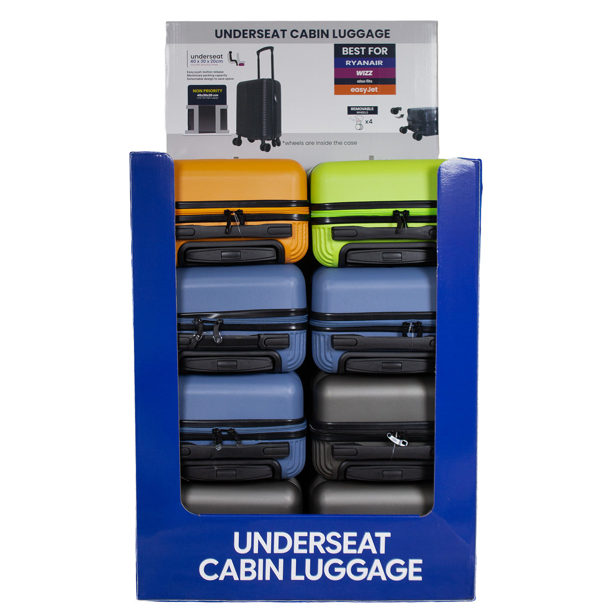 Valise cabine Underseat 40x30x20 cm, en présentoir, 4 couleurs assorties