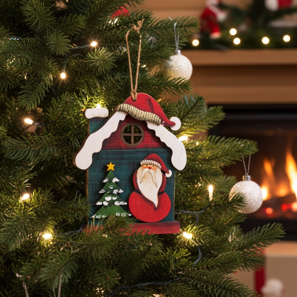 Décorations d'arbre 12 cm 48 pièces dans un présentoir en bois