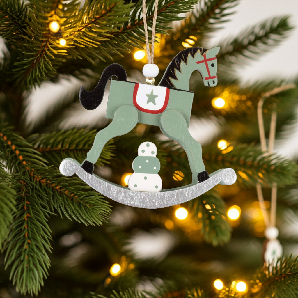 Décorations d'arbre 9cm 12 pièces dans un présentoir en bois