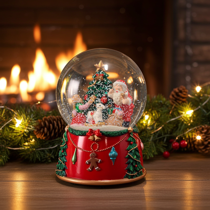 Musiikkirasia lumipallo 14cm puu + Joulupukki