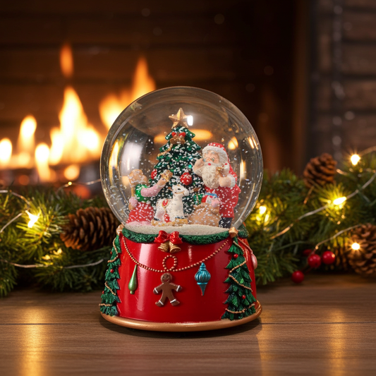 Caja de música bola de nieve 14cm árbol + Papá Noel