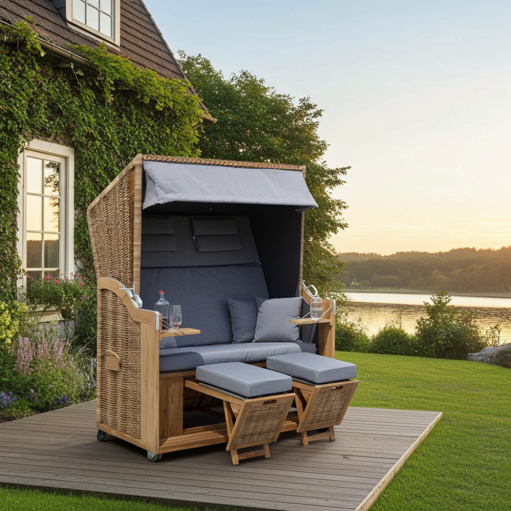 Chaise de plage XL en teck 2 places semi-inclinable gris - prête à monter