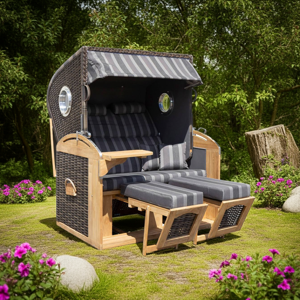 Sedia da spiaggia XL in teak a 2 posti con lettino completo grigio-beige a quadri - già assemblata