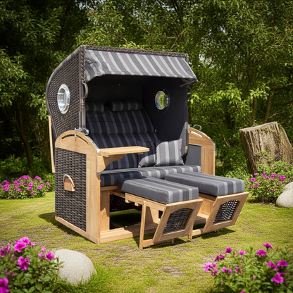 Sedia da spiaggia XL in teak a 2 posti con lettino completo grigio-beige a quadri - già assemblata