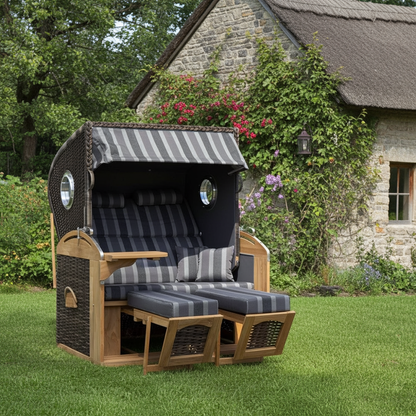 Sedia da spiaggia XL in teak a 2 posti con lettino completo grigio-beige a quadri - già assemblata