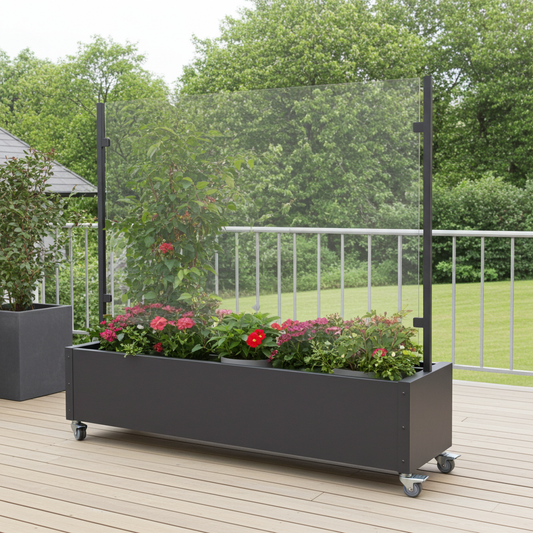 Mobile windscreen approx. 200cm with planter box and wheels - ready to use assembled