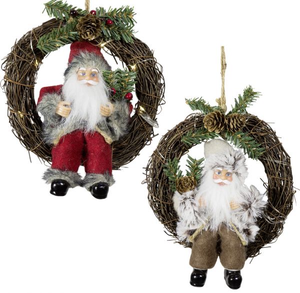 Weihnachtsmann 18cm im Kranz mit LED 2er Set